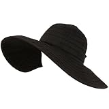 UPF Sun Beach Hat Ribbon Floppy Packable Adjustable Black