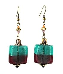 Earrings - E303 - Murano Style Glass - Square ~ Amethyst and Teal