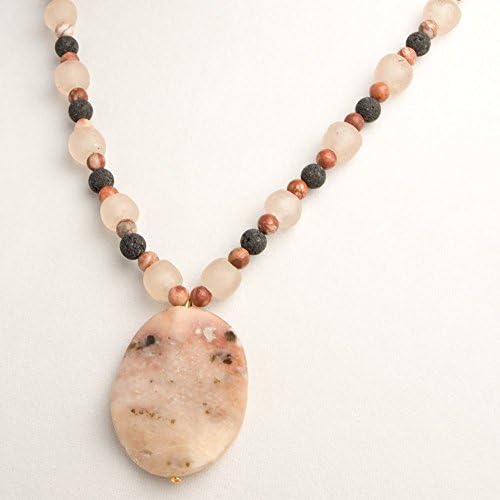 Rose Jasper Pendant with Pale Rose Rectangular Recycled Glass Beads and Black Matt Lava Beads Necklace, Earring, and Bracelet Set