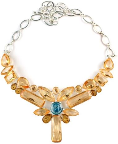 Big Citrine Yellow Orange, Tan, Aqua Blue Crystal Glass Adjustable 14" to 17" Designer Runway Necklace