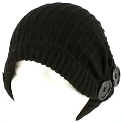 Winter Slouchy Ribbed Knit Beanie Button Ski Hat Black