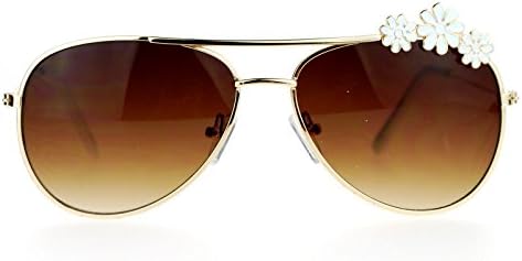 SA106 Kids Bling Luxury Flower Jewel Designer Metal Aviator Sunglasses Gold White