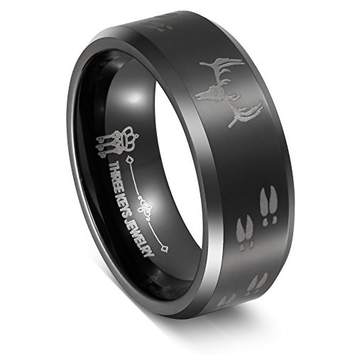 Three Keys Jewelry 8mm Men Tungsten Carbide Wedding Engagement Band Black Polished Beveled Edge Etched Deer Head Hunting Size 6-14.5