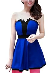 Sexy V-neck Off the Shoulder Sleeveless Backless Colorblocking Corset   Waistline Cotton/Polyester Mini Dress 