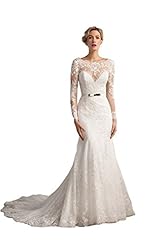 Long Sleeves Mermaid Applique Lace Jeweled Open-Back  Dress with a Chapel Train  With a Sash 