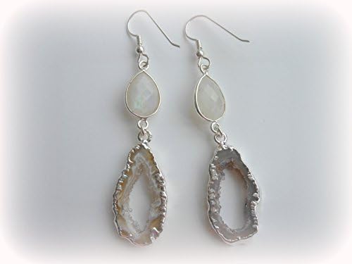 Geode and Moonstone Earrings, Sterling Silver Dangle Earrings, Raw Gemstone