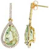 10k Gold Pear-shaped Dangle Earrings, w  Brilliant Cut Diamonds and Pear Cut Green Amethyst Stones,...