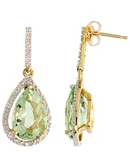 10k Gold Teardrop Earrings w/ Brilliant Cut Diamonds & Pear Cut (12x8mm) Green Amethyst Stone