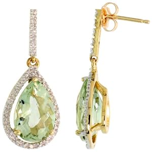 10k Gold Teardrop Earrings w/ Brilliant Cut Diamonds & Pear Cut (12x8mm) Green Amethyst Stone