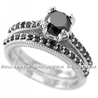 Fancy Black Diamond Engagement Ring/Wedding Band Set 14k White Gold