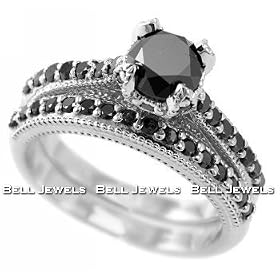 Fancy Black Diamond Engagement Ring Wedding Band Set 14k White Gold by