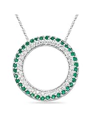 0.29 Cts Diamond & 0.50 Cts Natural Emerald Circle Pendant in 14K White Gold