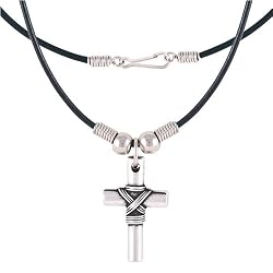 Simple Brushed Silver Cross Pendant on Black Cord Necklace