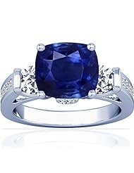 18K White Gold Cushion Cut Blue Sapphire Ring With Sidestones