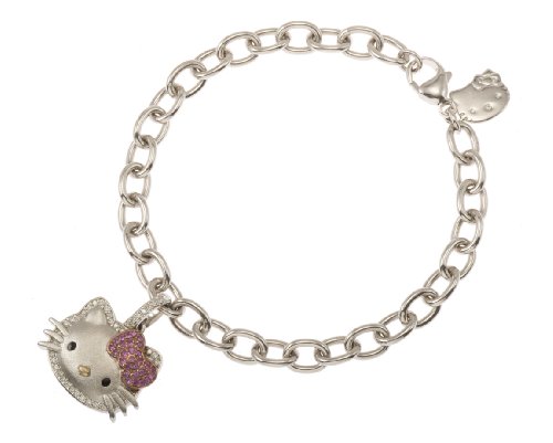 Hello Kitty by Kimora Lee Simmons “Super Cute”Diamond & Pink Sapphire 18k Yellow Gold and Sterling Silver Charm Bracelet (1/5 cttw, H-I Color, I2 Clarity), 7″
