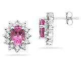 7X5mm Oval Shaped Pink Topaz and Diamond Flower Earrings in 14k White Gold