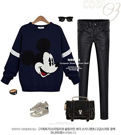Fiona World Women Mickey Mouse Print Preppy Style Pullover Sweater Navy