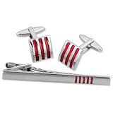 Red Striped Clip and Cufflink by Enrico Pardini - Silver Metal