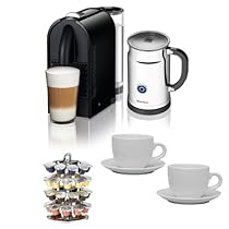                     						Nespresso U D50 Espresso Maker with Aeroccino Milk Frother in Pure Black + 40 Capsule Carousel + 2 Update International 13 Oz White Tiara Cappuccino Cups