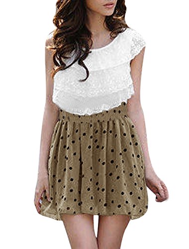 Allegra K Women Smocked Waist Lace Ruffle Dress Polka Dots Mini Dresses