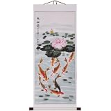 Hand-Painted 48" Oriental Wall Art Scroll - Carp & Lotus Blossom With Cream Border