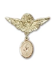 14K Gold Baby Badge with St. Genesius of Rome Charm and Angel with Wings Badge Pin