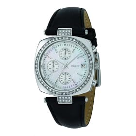 DKNY NY4910 Ladies Chrono White MOP Dial and Black Leather Strap
