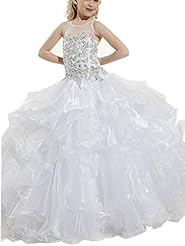 Girls Organza  Lace High-Neck Floor Length   Ball Gown Pageant Dress/Wedding Dress  With Rhinestones