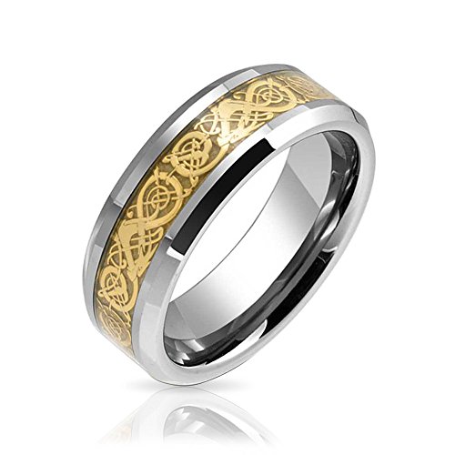 Bling Jewelry Tungsten Celtic Dragon Gold Plated Inlay Flat Fit Wedding Band