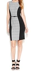 Belted Colorblocking Above the Knee Sheath Plaid Print Polyester Sleeveless Mini Dress 