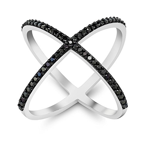 Black and White 925 Silver Cubic Zirconia CZ Criss-Cross Single 