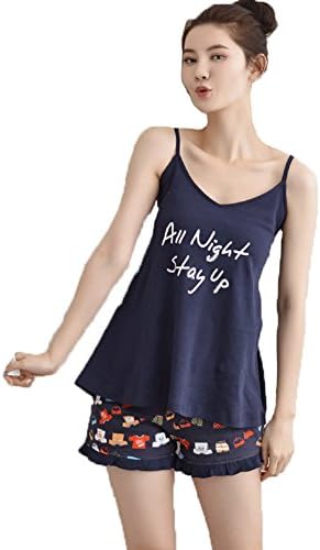Mingxin Couple Women's Pure Cotton Summer Sleepwear Pyjamas Set Camisole Shorts