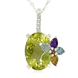Sterling Silver Oval-Shaped Lemon Quartz with Multi-Gemstone Flower Pendant, 18.5