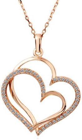LEKANI Women Jewelry 18K Rose Gold Plated Rhinestone Crystal Romantic Love Bi-heart Pandent Necklace