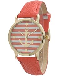 Womens Geneva Striped Anchor Style Leather Watch - Coral