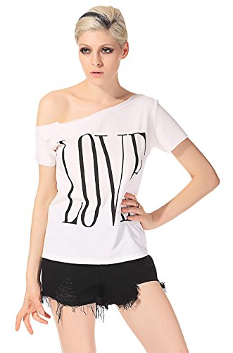 ANGVNS Women's Short Sleeve Letter Print Off Shoulder White Cotton Top T-shirt Blouse