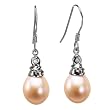Crystal Top 8-9mm AAAA Drop Pearl Platinum Overlay CAREFREE Sterling Silver Earrings, Peach