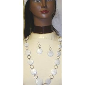 Multi Size Round White Color Beads Separated By Metallic Rings Medium Chain Necklace Earrings