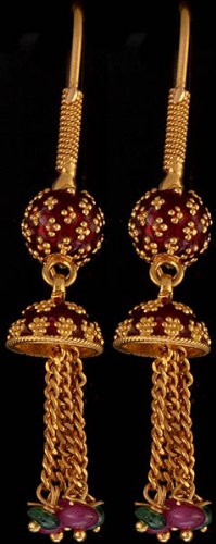 Meenakari Shower Earrings with Ruby and Emerald - 18 K Gold