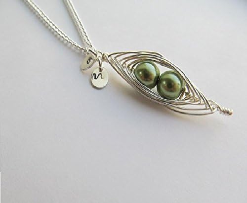 Sweet Two Pea Pod Necklace Silver Wire Wrapped, Wedding gift, Best Friends initials Customizable