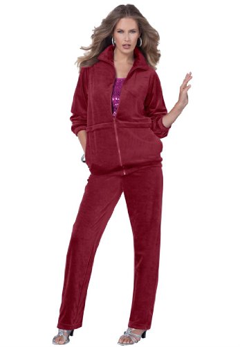 Roamans Women's Plus Size Straight Leg Velour Jogging Suit (Wine,2X) On Sale