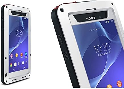 Case for Sony Xperia Z2, LOVE MEI Bradn Waterproof Shockproof Aluminum Metal Gorilla Glass Case Cover White with Red
