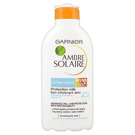 Garnier Ambre Solaire UV Sensitive Protection Milk Very High SPF 50 For Sun Intolerant Skin 200ml with Hydrating Complex And Vitamin E