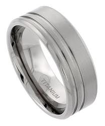 Titanium9mm(3/8in.)FlatComfortFitWeddingBandRingw/2Stripes,BeveledEdgesandSatinFinish(AvailableinSizes7to14),size14