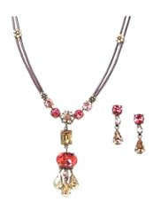 Van Galz Handcrafted Antique Brass Finish Set of Brown Leather Cord and Padparadscha Pink, Golden Shadow and LCT Swarovski and Fine Preciosa Crystal Pendant Necklace and Matching Post Dangle Earrings