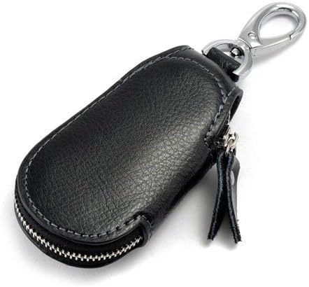 Fashion Genuine Leather Car Key Case Office Keychain Holder Home Key Cover Bag with Zipper Closure (Black)