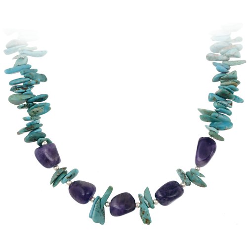 Sterling Silver Bead, Turquoise Hawaiian Chip and Amethyst Nugget Necklace, 16+3" Extender