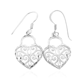 Sterling Silver Diamond Cut Heart Lock Earrings: Jewelry