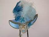Venetian Art Deco Wall Mask with Hat/Feathers/Blue