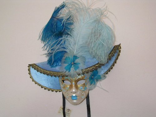 Venetian Art Deco Wall Mask with Hat/Feathers/Blue